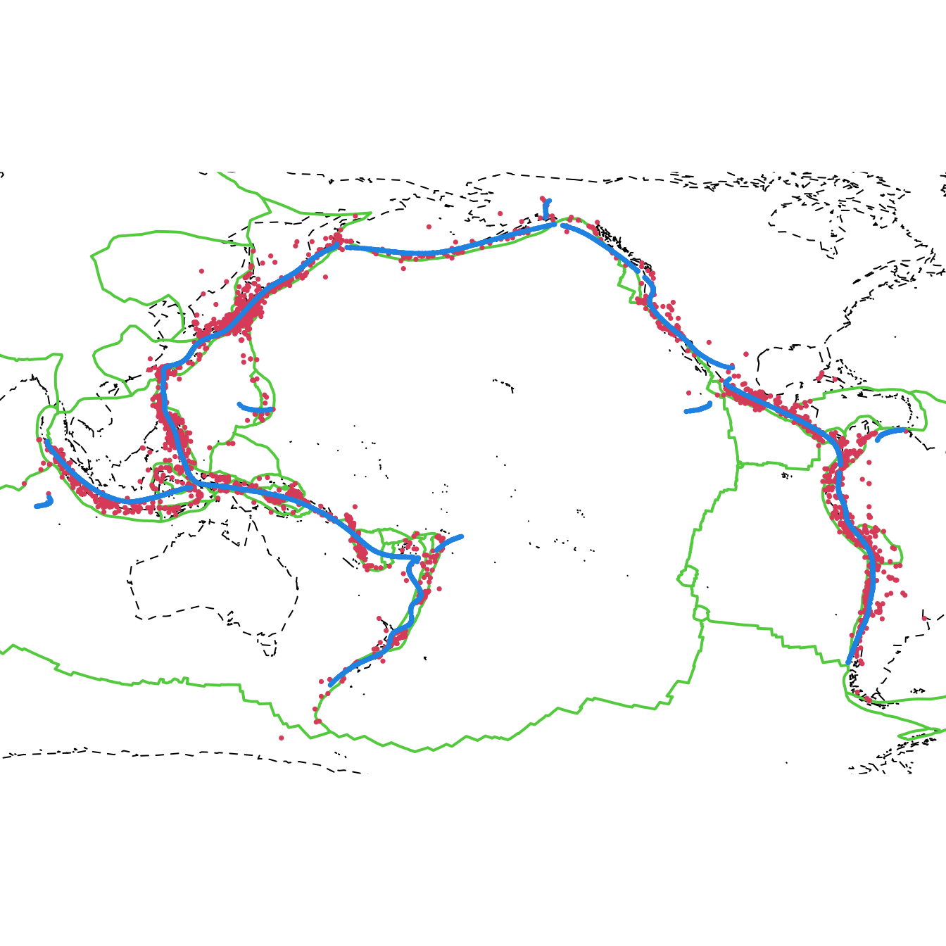 Estimated density ridges for the quake dataset. Observe how the density ridges (blue) of the earthquake locations (red) reveal the relation between earthquakes and tectonic plate boundaries (green).